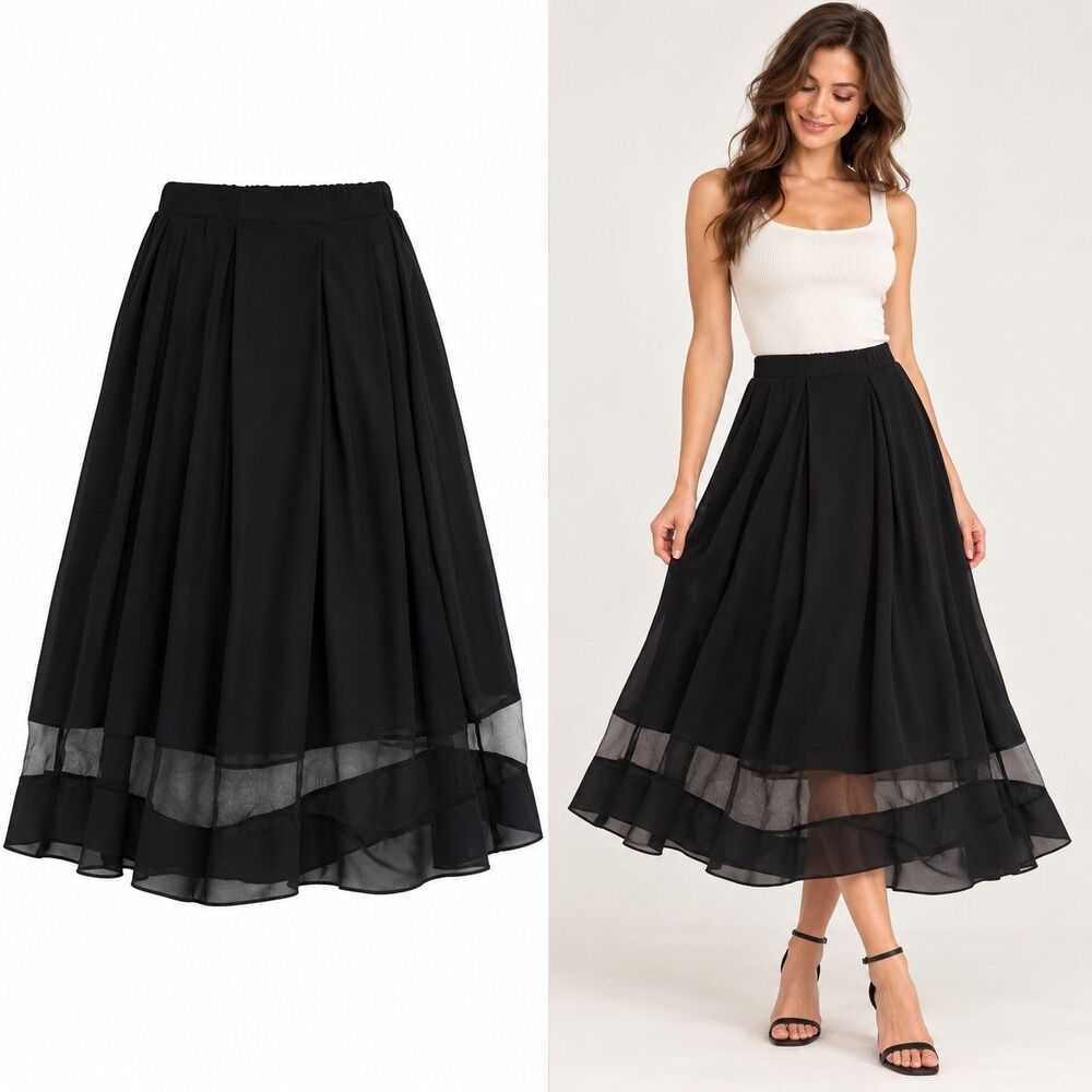 Liva Girl Black Maxi Skirt Sheer Mesh Hem Y2K Goth Romantic A-Line Flowy